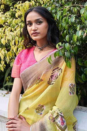 Lemon Yellow Linen Blend Saree