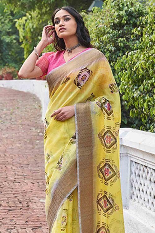 Buy Lemon Yellow Linen Saree online-Karagiri