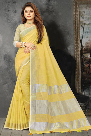 Lemon Yellow Linen Saree