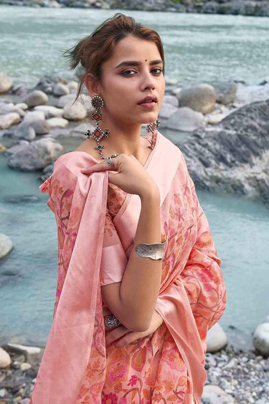 Lemonade Pink Floral Printed Linen Blend Saree