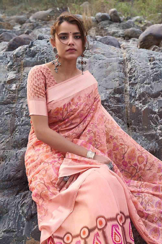Lemonade Pink Floral Printed Linen Blend Saree