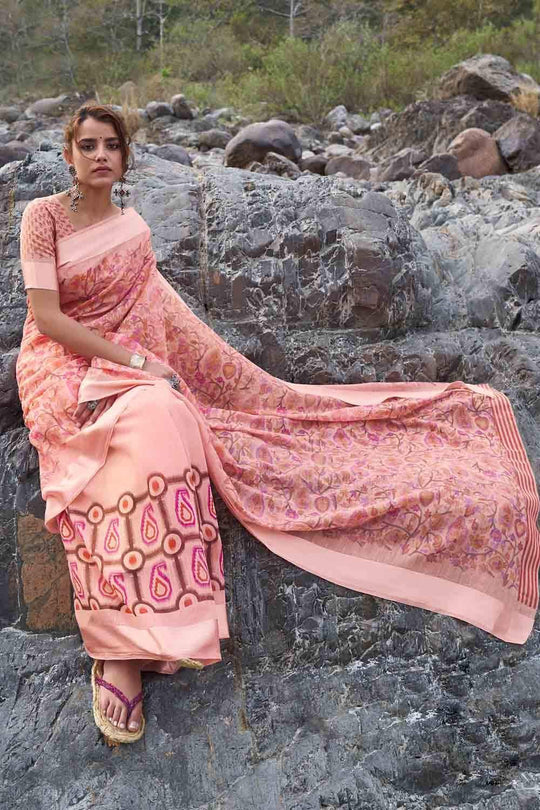Lemonade Pink Floral Printed Linen Blend Saree