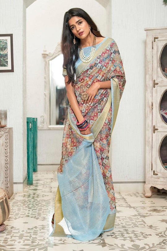 Linen Saree Light Blue Digital Printed Linen Saree saree online
