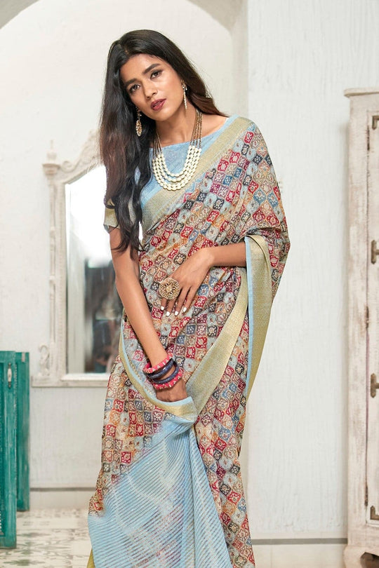 Linen Saree Light Blue Digital Printed Linen Saree saree online