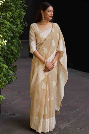 Light Mustard Brown Linen Blend Saree