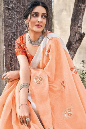 Light Orange Linen Blend Saree