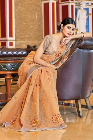 Light Pumpkin Orange Linen Blend Saree