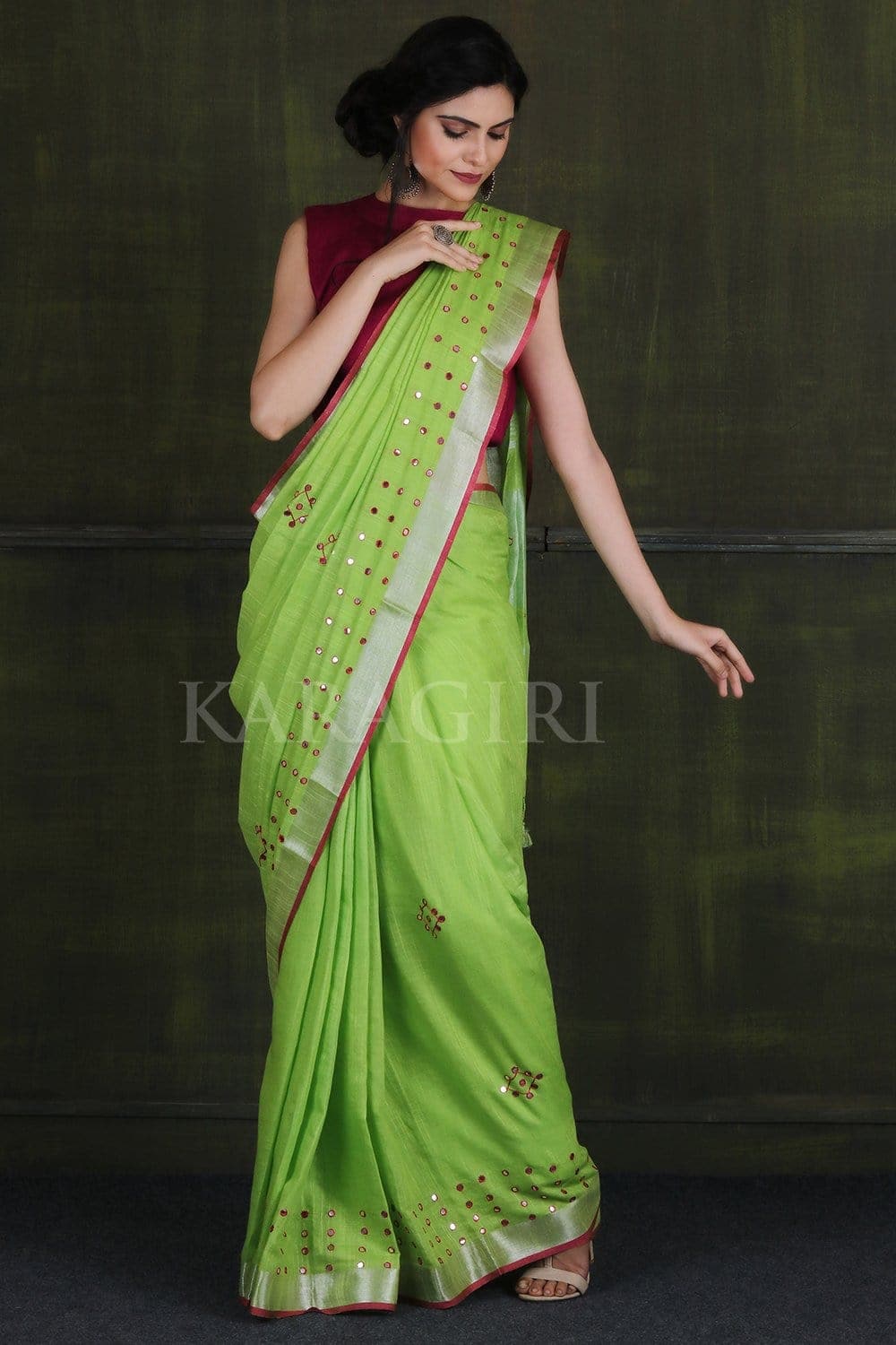 Linen Saree Lime Green Linen Saree With Mirror Work saree online