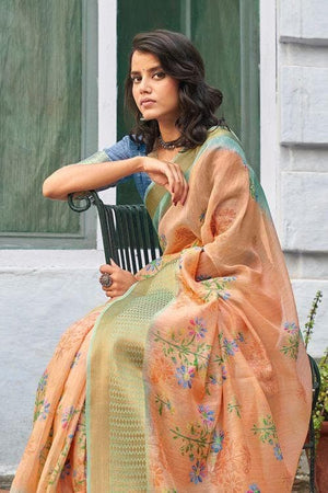 Melon Orange Linen Blend Saree