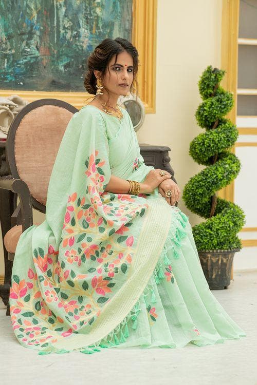 Mint Green Linen Blend Saree