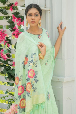 Mint Green Linen Blend Saree