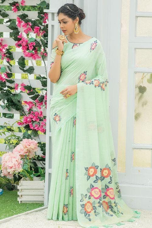 Mint Green Linen Blend Saree