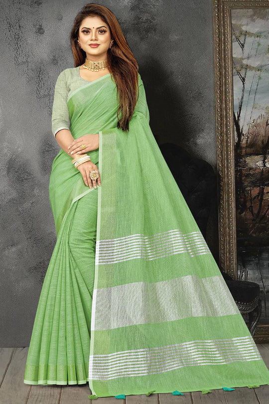 green linen saree