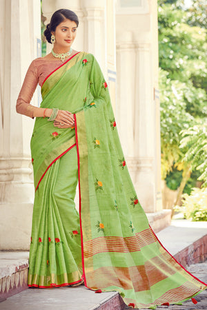 green linen saree
