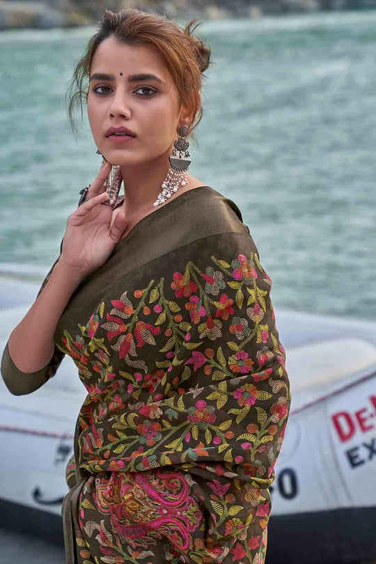 Mocha Brown Floral Printed Linen Blend Saree