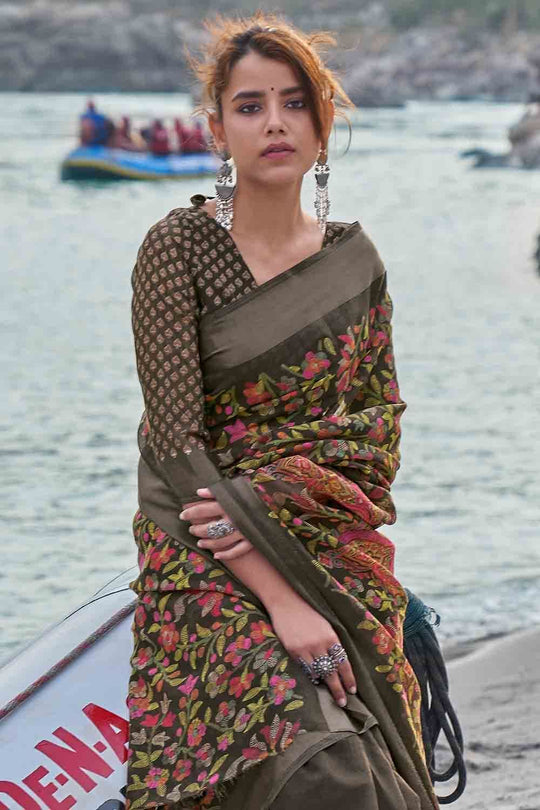 Mocha Brown Floral Printed Linen Blend Saree