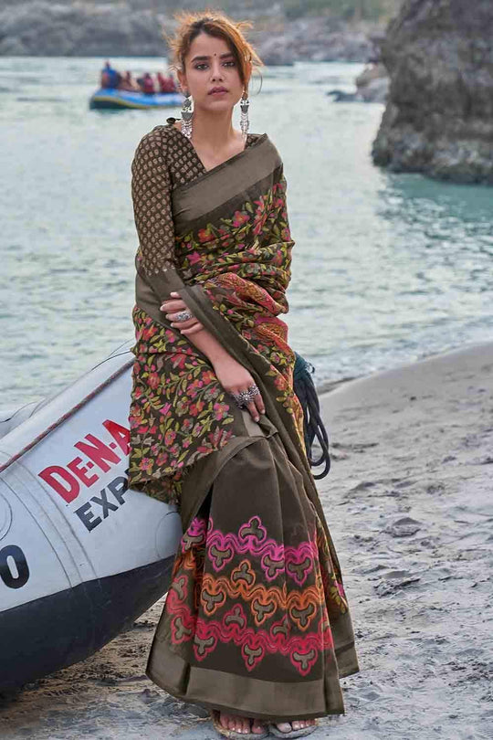 Mocha Brown Floral Printed Linen Blend Saree