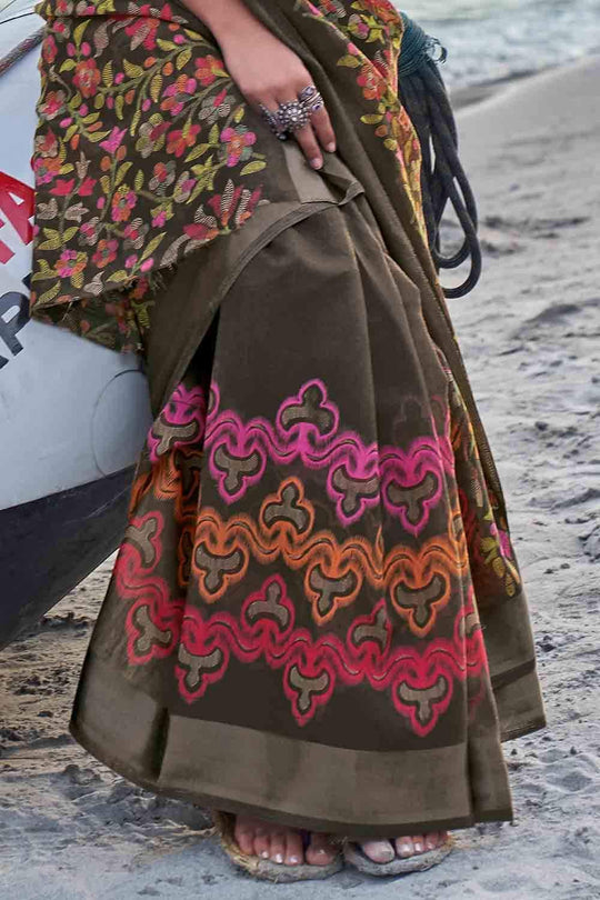 Mocha Brown Floral Printed Linen Blend Saree