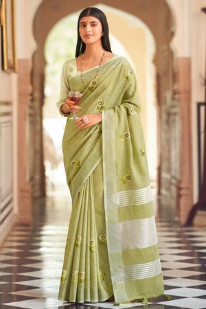 Moss Green Linen Blend Saree