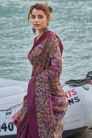 Mulberry Purple Floral Printed Linen Blend Saree