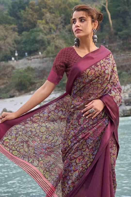 Mulberry Purple Floral Printed Linen Blend Saree