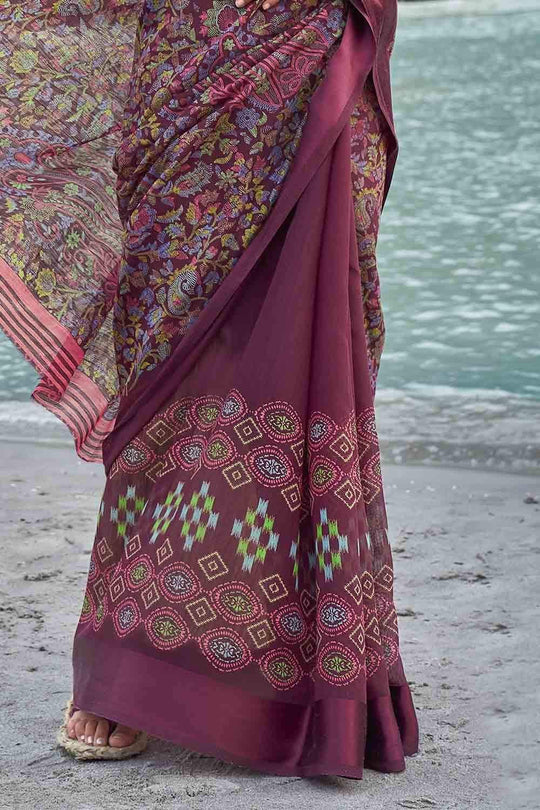 Mulberry Purple Floral Printed Linen Blend Saree