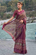 Mulberry Purple Floral Printed Linen Blend Saree