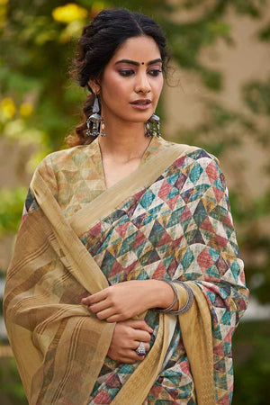 Multicolor Digital Printed Linen Blend Saree