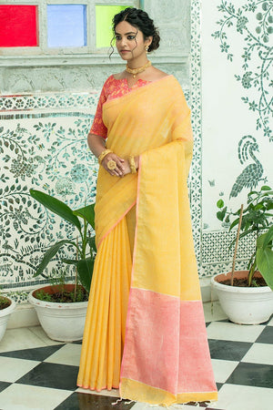 Mustard Yellow Linen Blend Saree