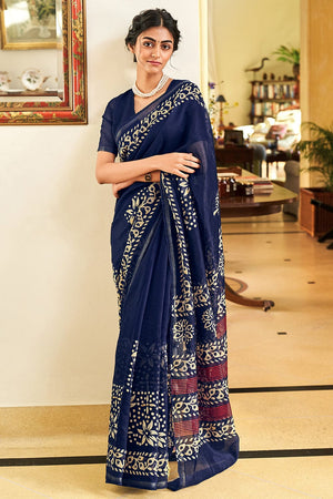 Navy Blue Linen Blend Saree