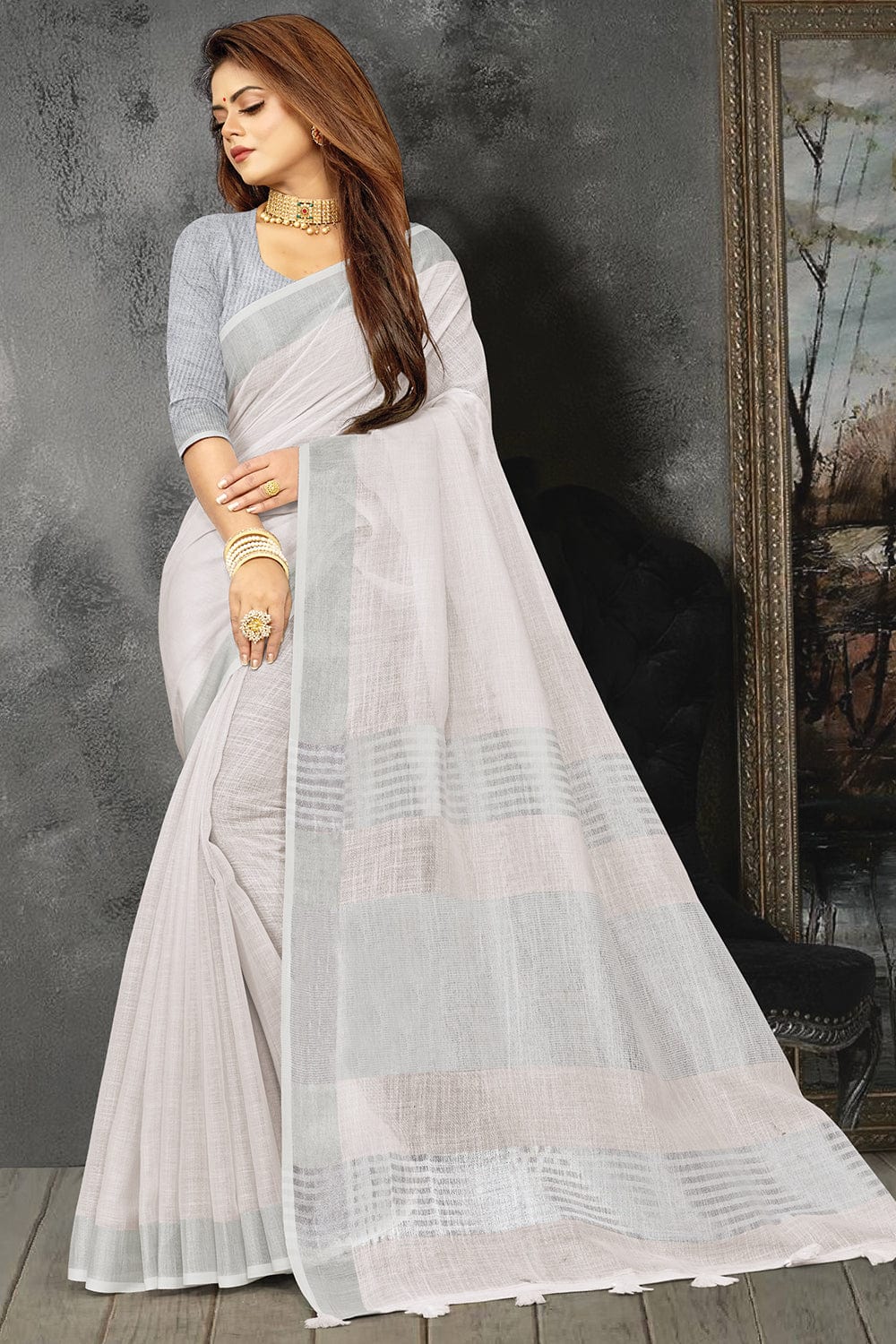 Off White linen Saree main image 0