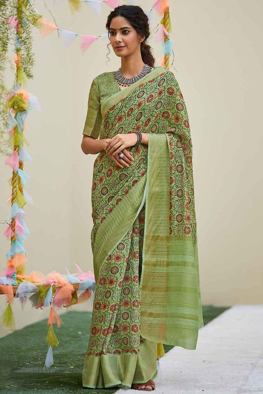 Linen Saree Olive Green Digital Printed Linen Saree saree online