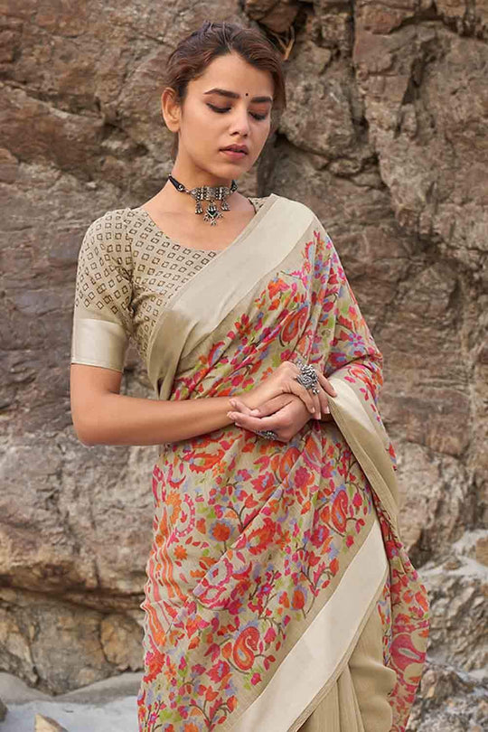 Olive Green Floral Printed Linen Blend Saree