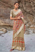 Olive Green Floral Printed Linen Saree
