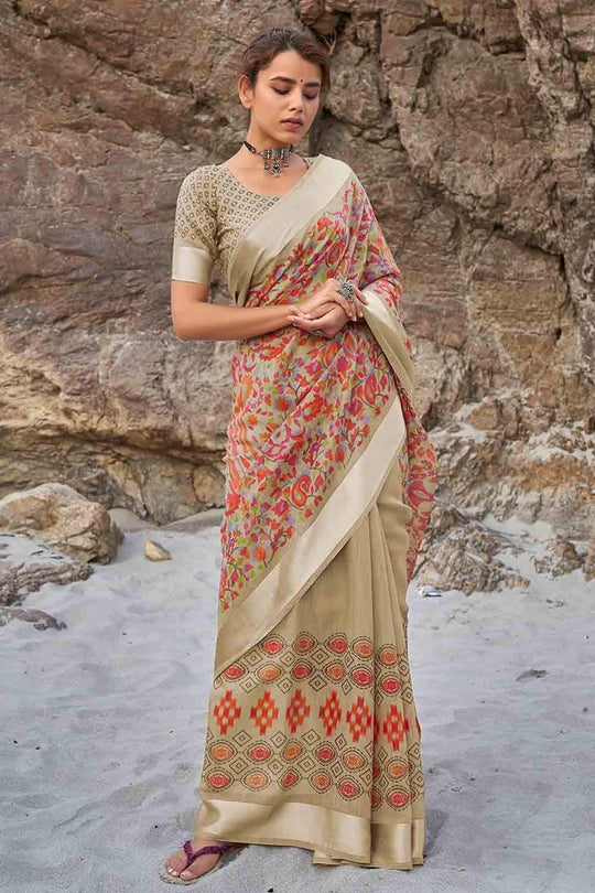 Olive Green Floral Printed Linen Blend Saree