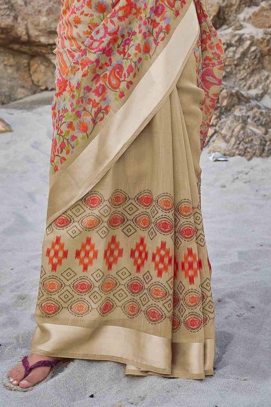 Olive Green Floral Printed Linen Blend Saree