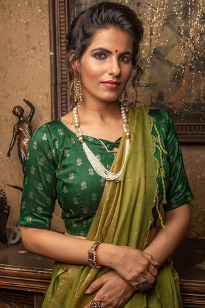 Olive Green Linen Blend Saree