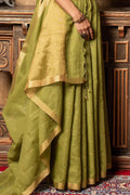 Olive Green Linen Blend Saree