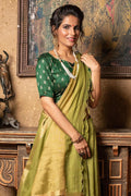 Olive Green Linen Blend Saree