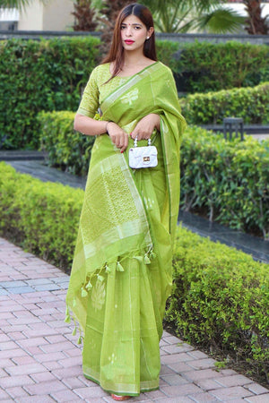 Olive Green Linen Blend Saree