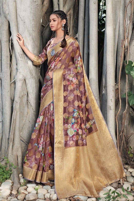 Linen Saree Opal Purple Zari Woven Linen Saree saree online