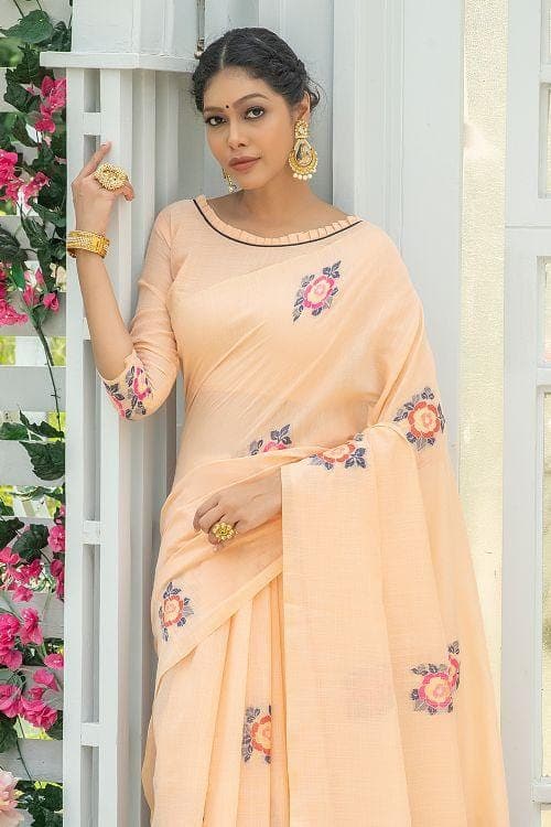 Orange Peach Linen Blend Saree