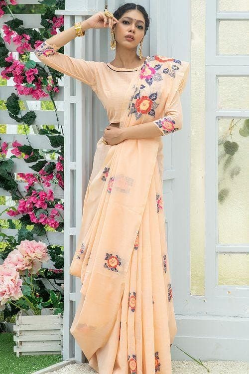 Orange Peach Linen Blend Saree