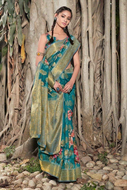 Linen Saree Pacific Blue Zari Woven Linen Saree saree online
