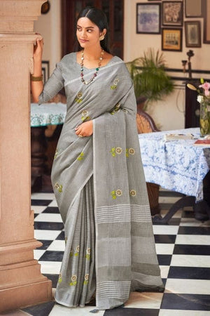Pastel Grey Linen Blend Saree