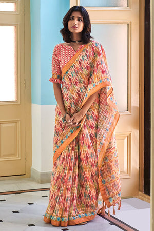 Peach Linen Blend Saree