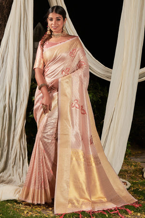peach linen saree