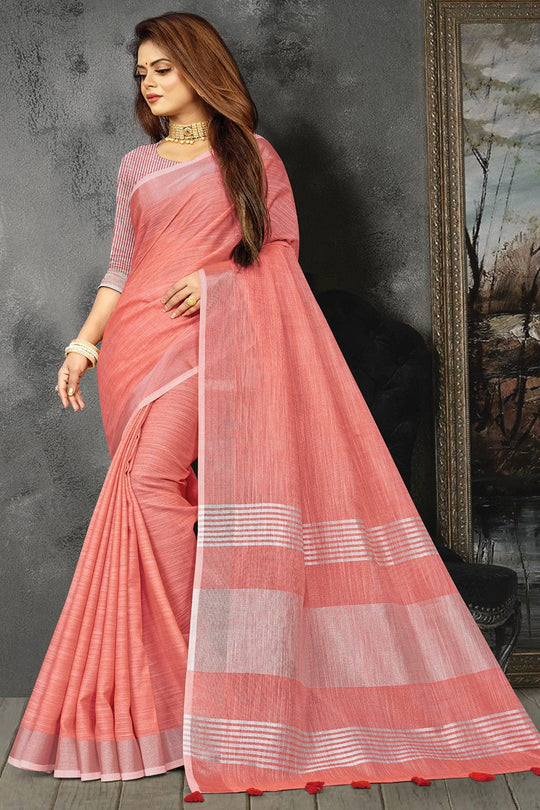 peach linen saree