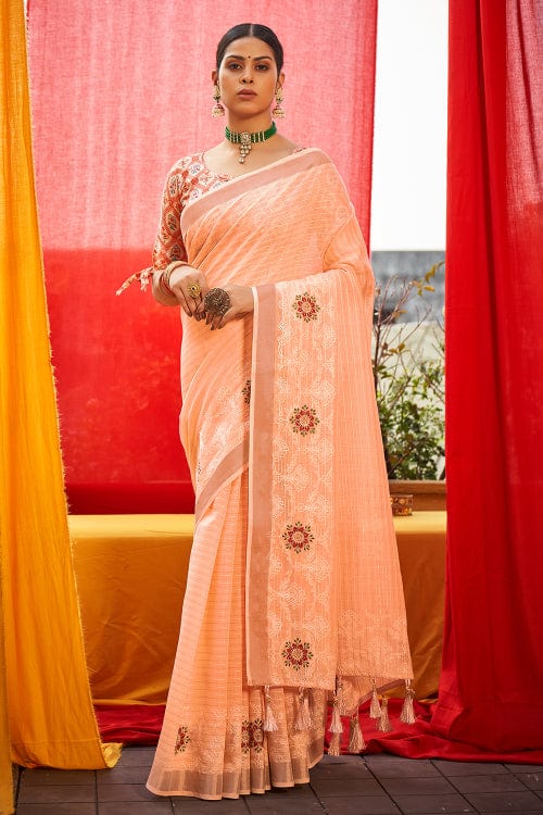 peach linen saree