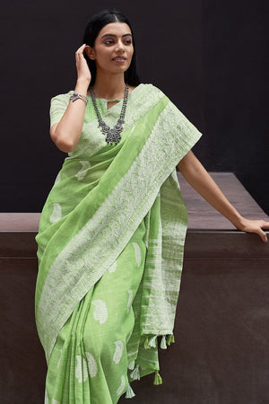 Pear Green Linen Blend Saree